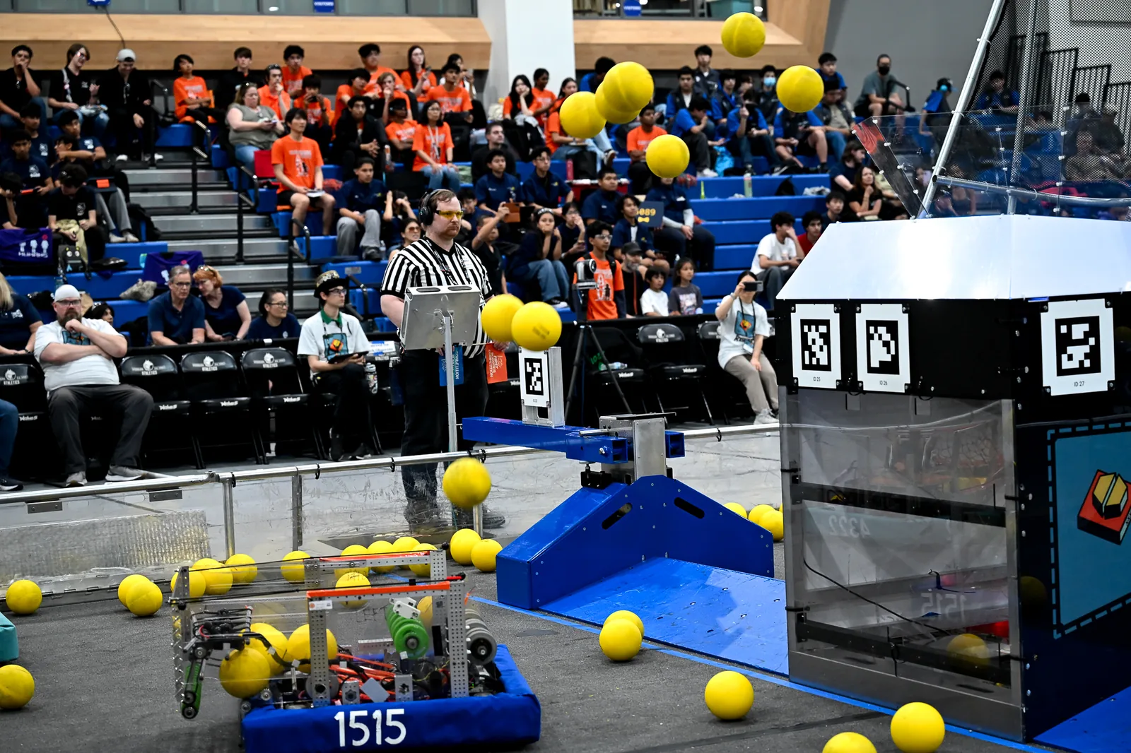 MorTorq robot 1515 launching yellow game pieces during the 2026 Aerospace Valley event
